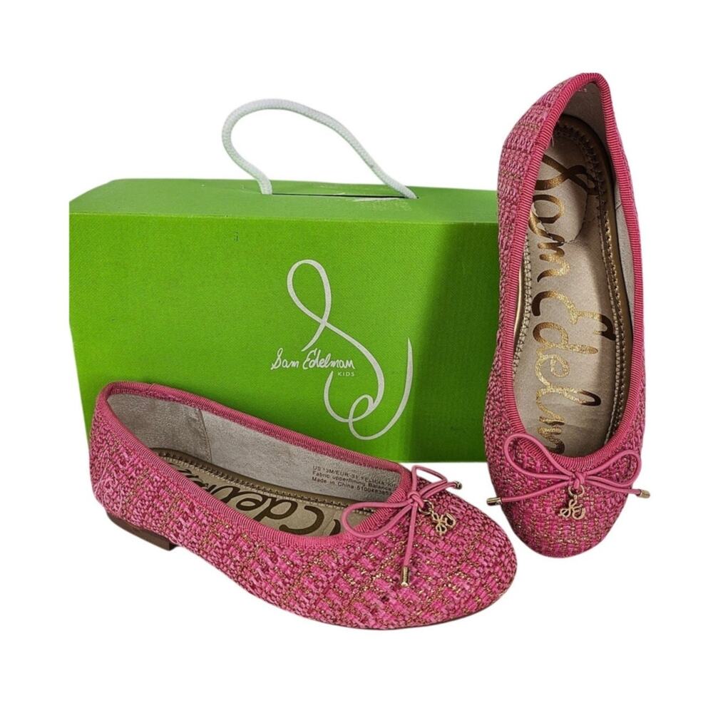SAM EDELMAN KIDS “FELICIA” BALLET FLATS – PINK BOUCLÉ – SIZE 13M – CHARM DETAIL